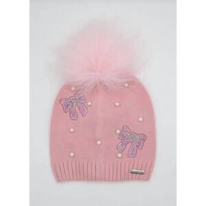 NEW BARI LYNN girl's pearl and rhinestone bows beanie with fur pom in light pink